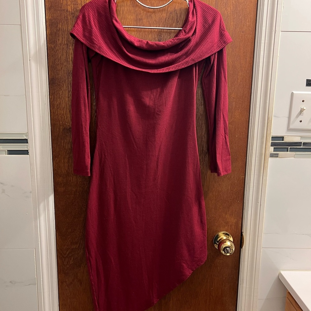 Elegant Burgundy Cowl Neck Dress